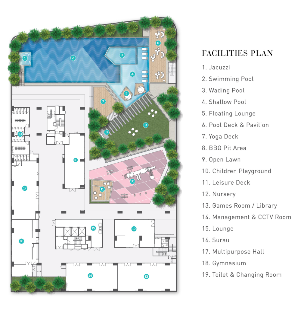 Facilities layout: swimming pool, jacuzzi, wading pool, pool deck, floating lounge, barbecue, garden, playground, nursery, library, sauna and gymnasium