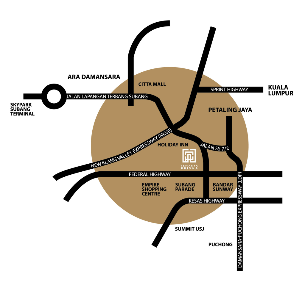Location map: Temasya Prisma, Federal Highway, Subang, Petaling Jaya and nearby shopping centres