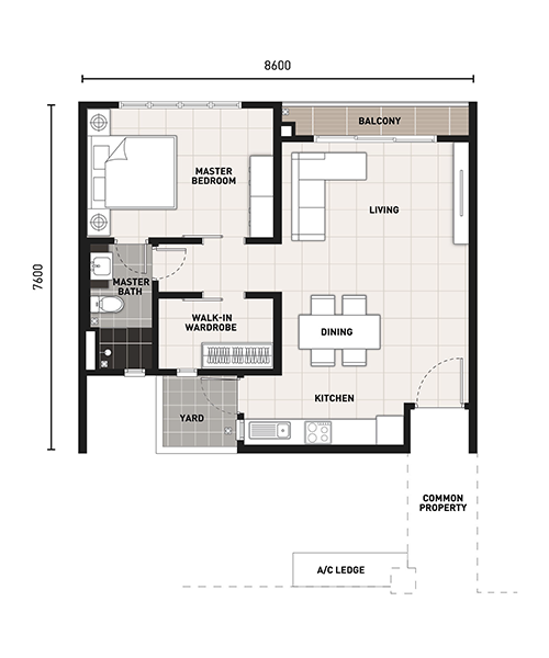 Type A floor plan, 678 sq.ft., 1+1 Bedroom 1 Bathroom